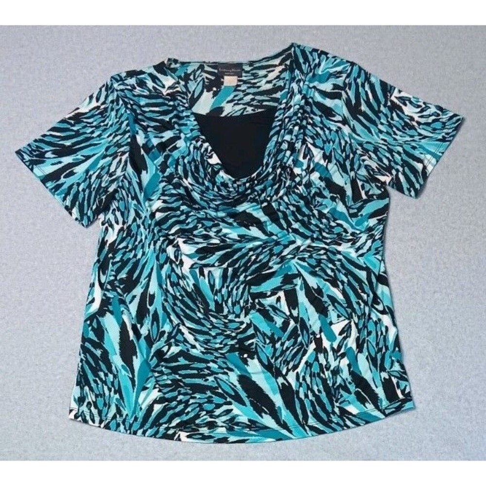 Brittany Black Short Sleeve Cowl Neck Blouse 2X Turquoise Animal Print Y2K Boho